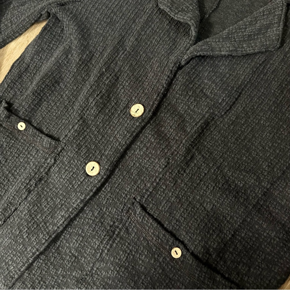 Women's Black Textured Button Blazer Jacket - Picture 3 of 5